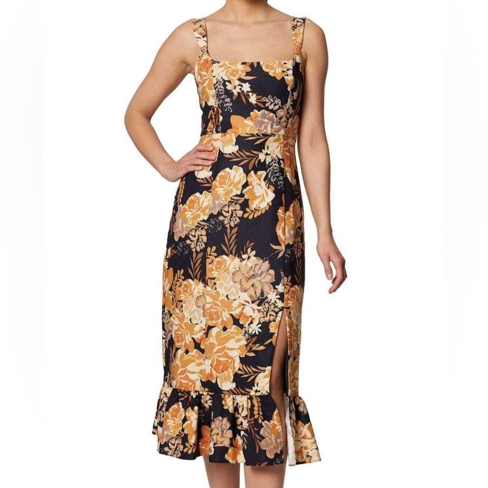 Laundry By Shelli Segal Black and Gold Floral Midi Dress